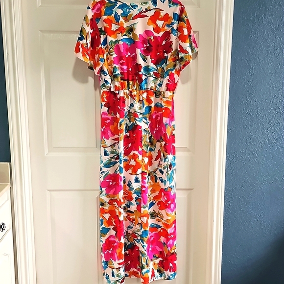 New CCTOO Colorful V Neck Short Sleeve Flowy Maxi Dress w Side Slit & Belt XL - Picture 9 of 14